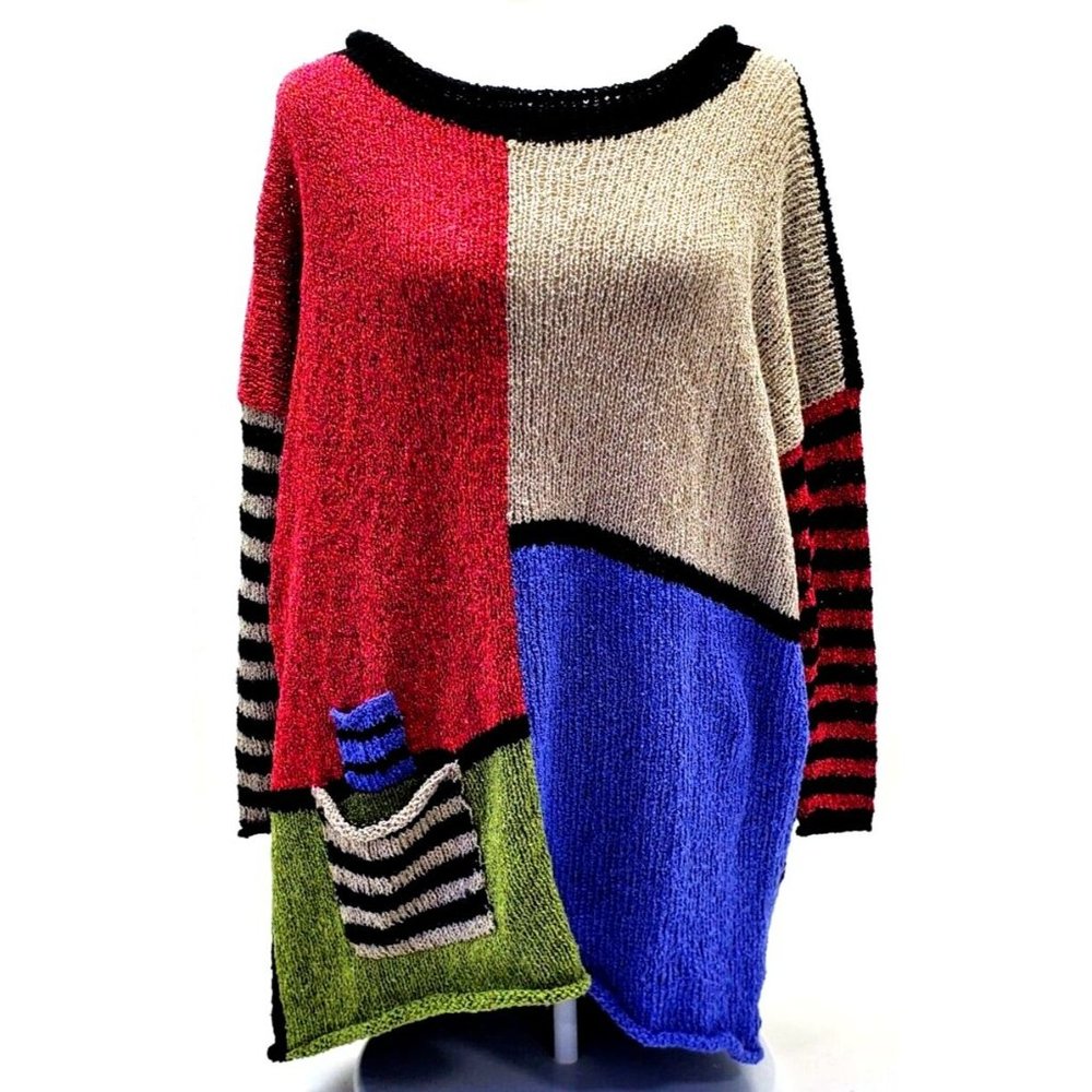 Designer One Size Color Block Hand Knit Sweater Woven W/Pockets Woven PULLOVER!